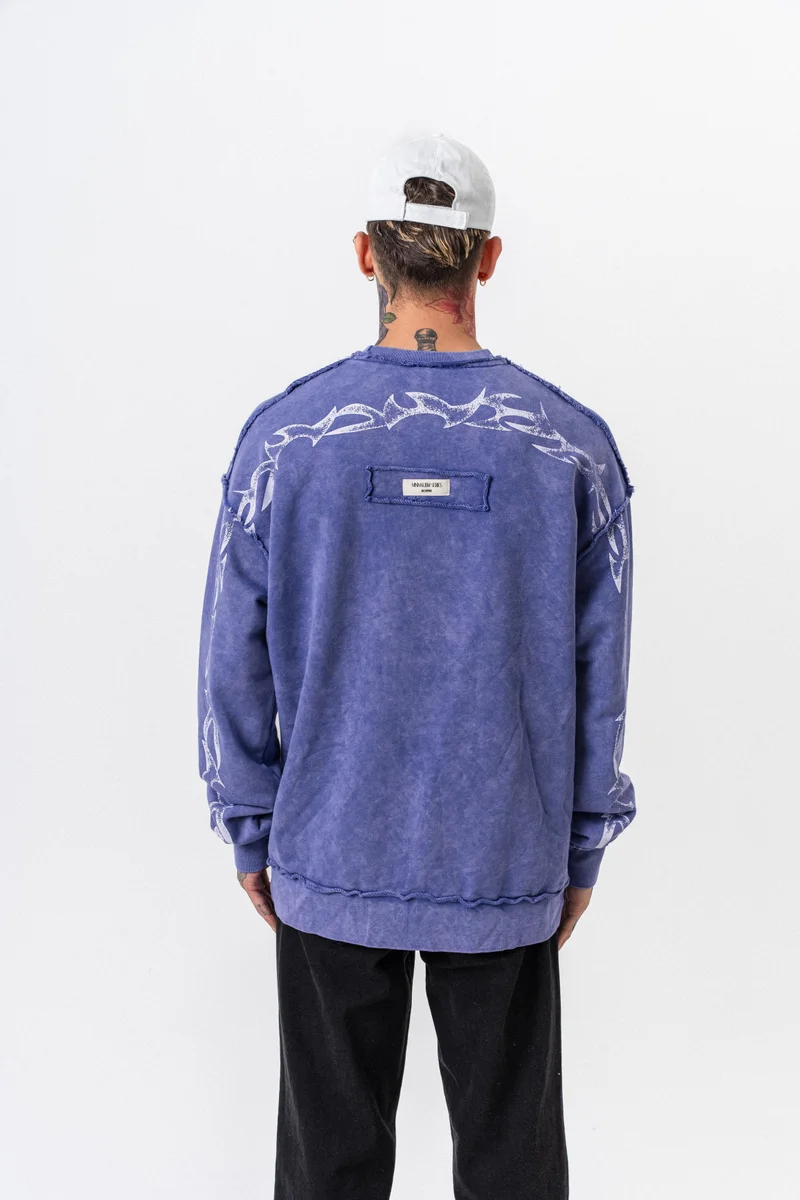 ريسباير سويت شيرت رجالي واسع بياقة دائرية وطبعة أصلية مغسول بنفسجي