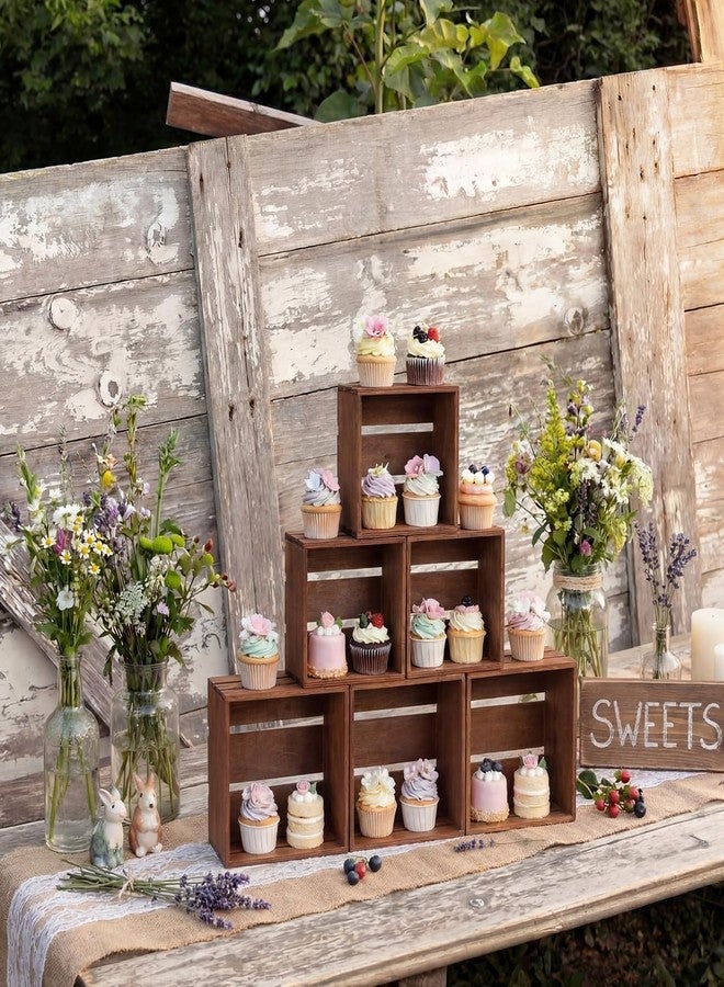 Singhoow 6 Pcs Rustic Wood Crates Cupcake Stand Decorative Wedding Cupcake Display Crates Stackable Distressed Food Risers for Buffet Dessert Table Display, Wedding, Birthday(Brown) - Image 4