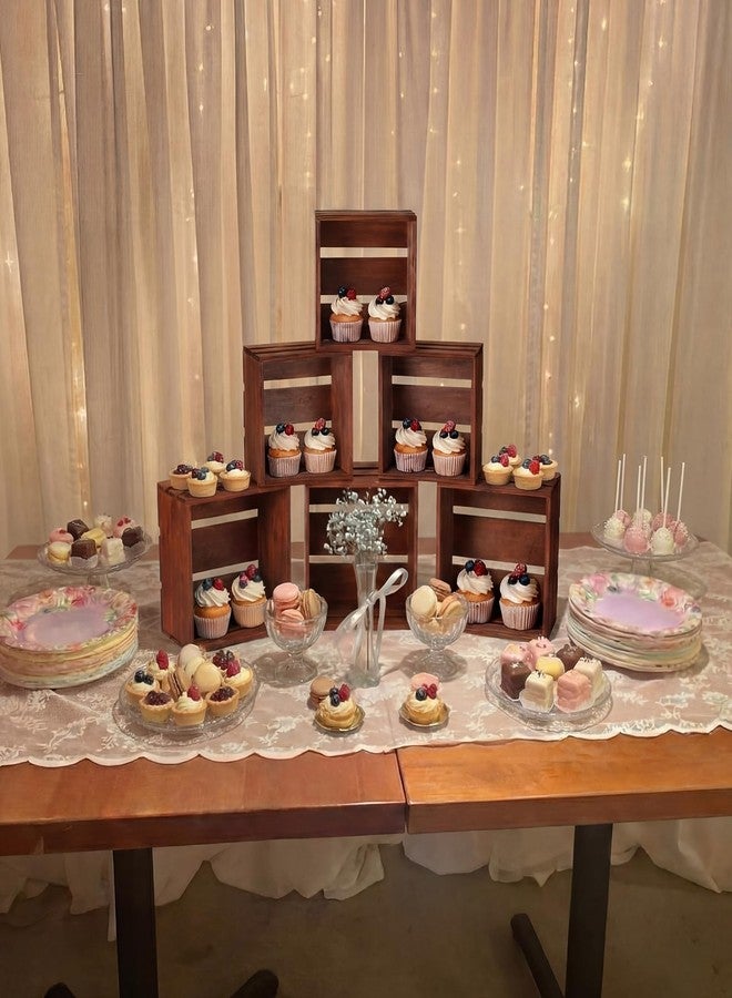 Singhoow 6 Pcs Rustic Wood Crates Cupcake Stand Decorative Wedding Cupcake Display Crates Stackable Distressed Food Risers for Buffet Dessert Table Display, Wedding, Birthday(Brown) - Image 3