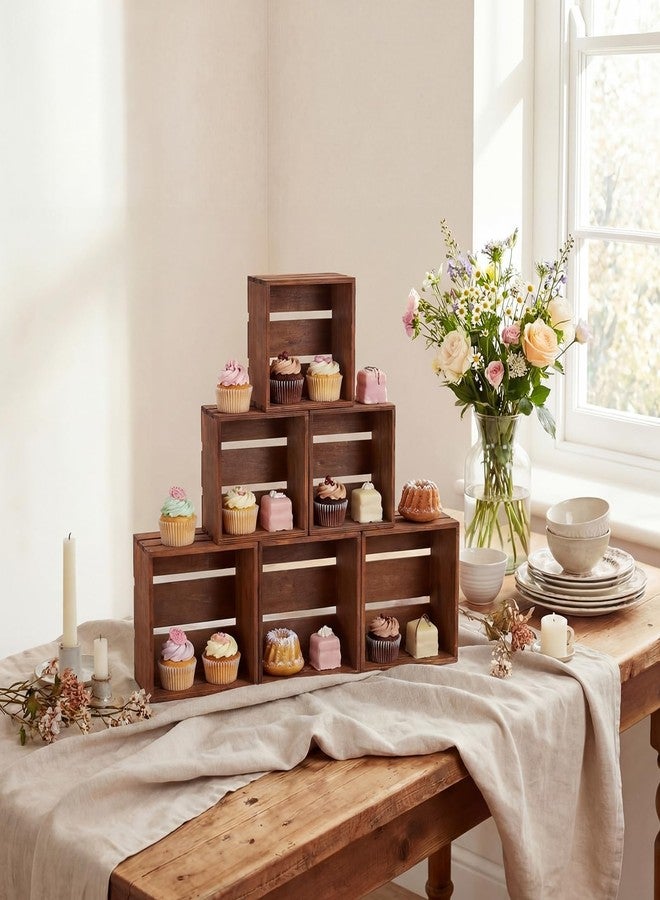 Singhoow 6 Pcs Rustic Wood Crates Cupcake Stand Decorative Wedding Cupcake Display Crates Stackable Distressed Food Risers for Buffet Dessert Table Display, Wedding, Birthday(Brown) - Image 1