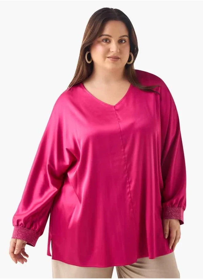 Ulla Popken Plus Size Ulla Popken V-neck Top with Long Sleeves