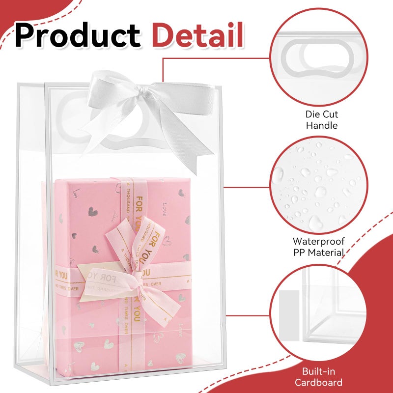 Ohuimrt 12 Pack Clear Plastic Gift Bags with Handles, Reusable Party Favor Bags with Ribbon for Birthday, Wedding, Bachelorette Party, 10.2 x 7.1 x 3.1 Inch (White) - Image 3
