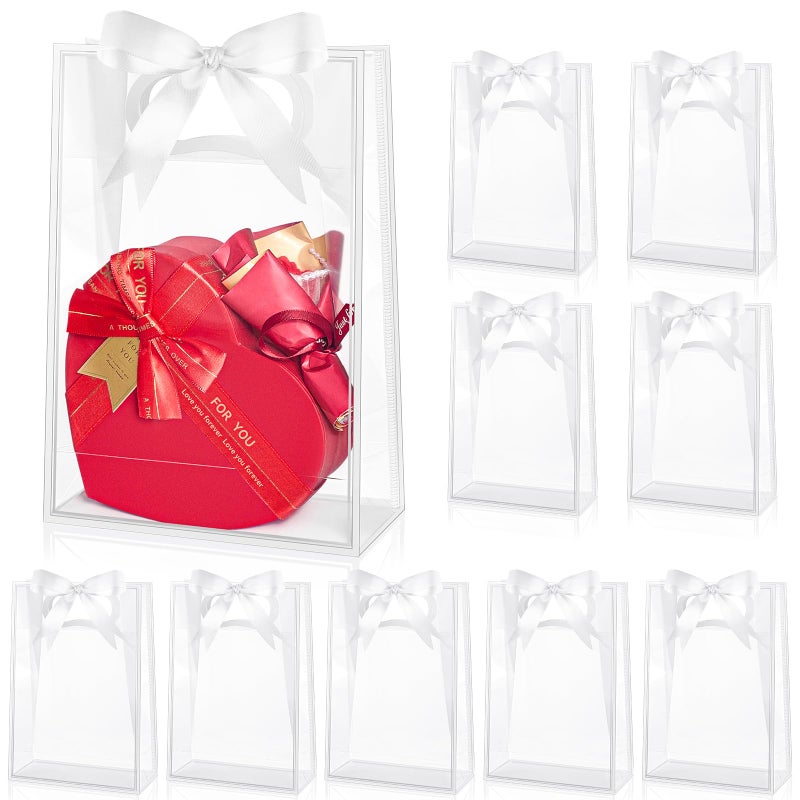 Ohuimrt 12 Pack Clear Plastic Gift Bags with Handles, Reusable Party Favor Bags with Ribbon for Birthday, Wedding, Bachelorette Party, 10.2 x 7.1 x 3.1 Inch (White) - Image 1