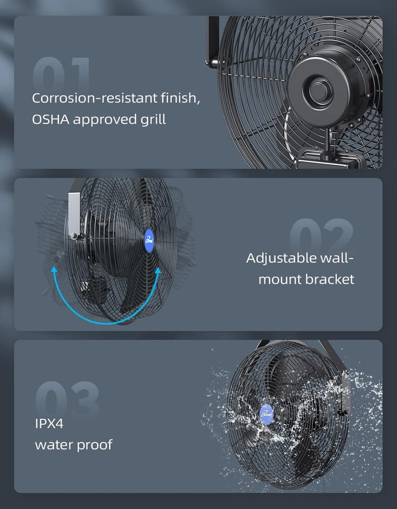 Iliving Wall Mounted Variable 14 Inches Speed Indoor/Outdoor Weatherproof Fan, Industrial grade for Patio, Greenhouse, Garage, Workshop, and Loading Dock, 2473 CFM, Black - Image 4