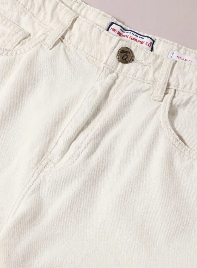 The Indian Garage Co  Men Regular Fit Solid Scoop Pocket Mid-Rise Denim Shorts  | Best Price UAE