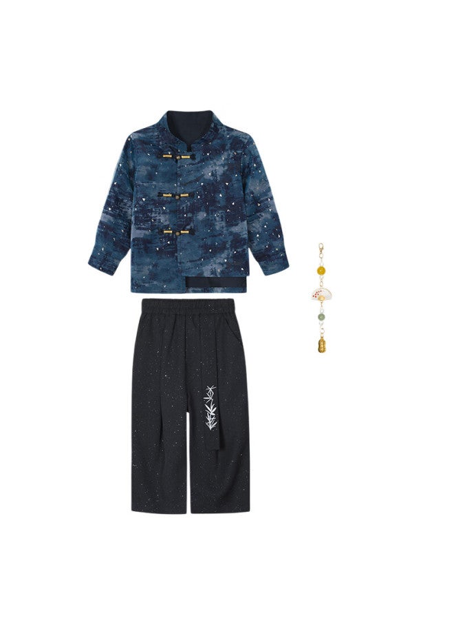 Luobobeibei Boys' New Chinese Style Hanfu Long Sleeve Suit Children's Hosting New Year Outfit Blue Three-piece Set 140 - Image 4