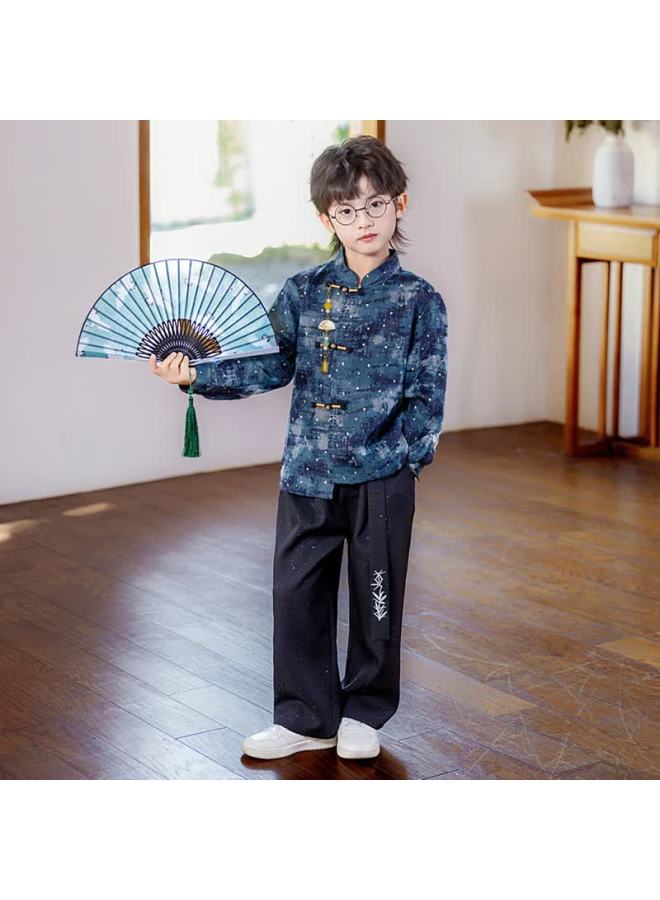 Luobobeibei Boys' New Chinese Style Hanfu Long Sleeve Suit Children's Hosting New Year Outfit Blue Three-piece Set 140 - Image 3