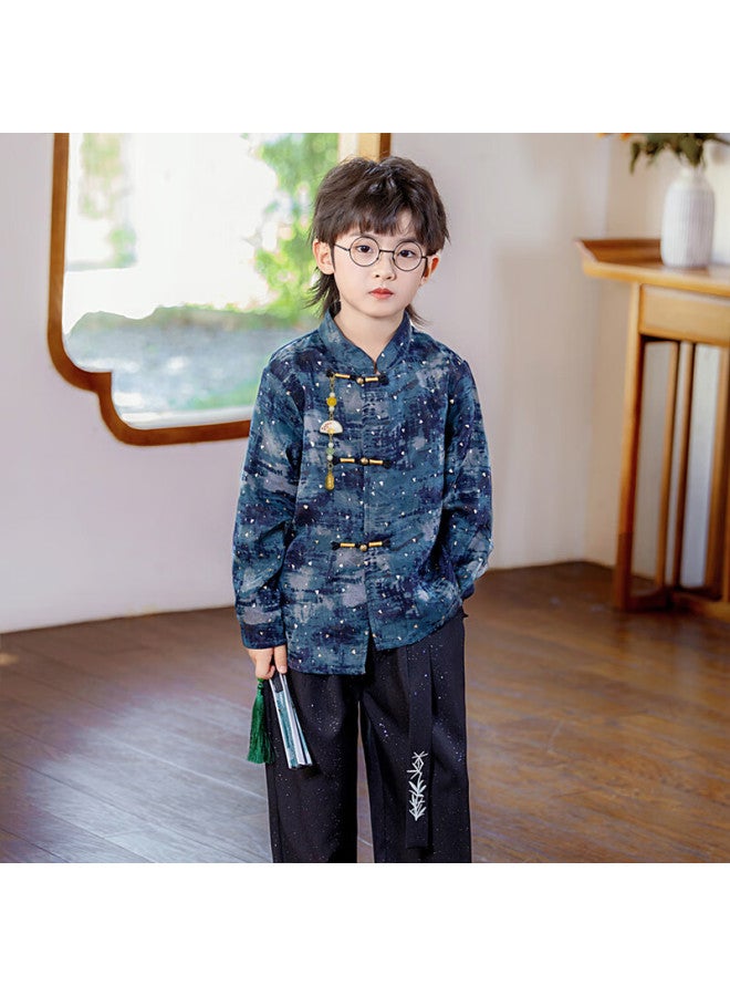 Luobobeibei Boys' New Chinese Style Hanfu Long Sleeve Suit Children's Hosting New Year Outfit Blue Three-piece Set 140 - Image 1