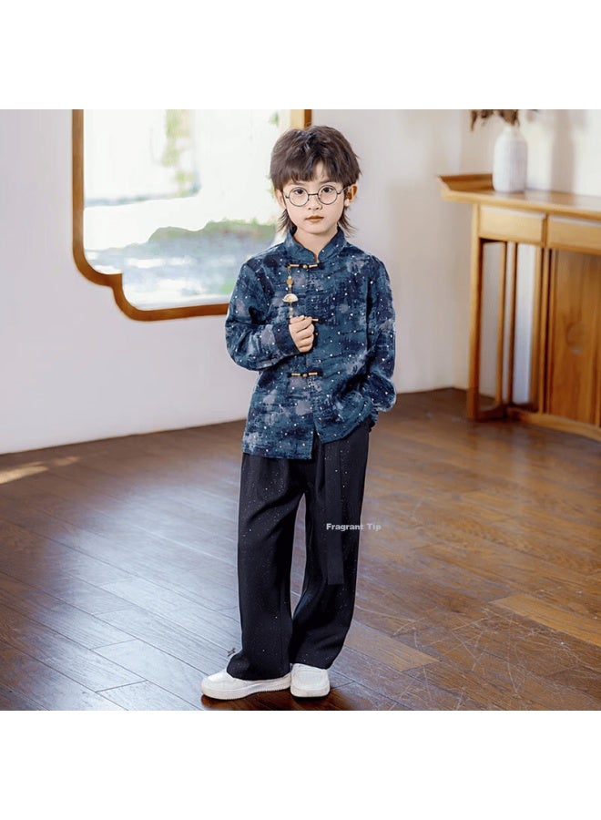 Luobobeibei Boys' New Chinese Style Hanfu Long Sleeve Suit Children's Hosting New Year Outfit Blue Three-piece Set 140 - Image 2