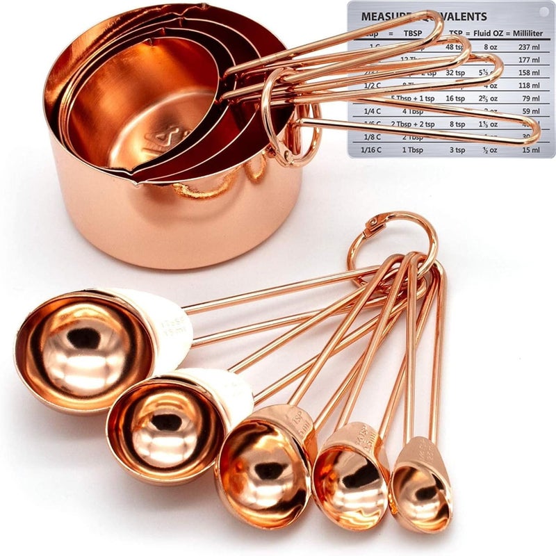 Copper Stainless Steel Measuring Cups and Spoons Set of 8 Engraved Measurements Pouring Spouts  Mirror Polished for Baking and Cooking Include Magnetic Measurement Conversion Chart by KAISHANE