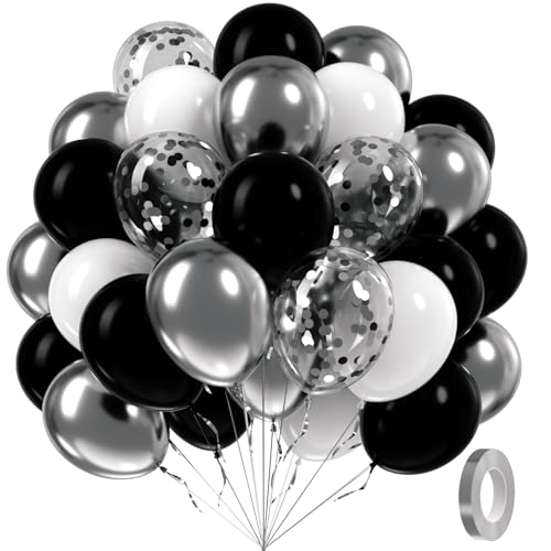 awenztech 60pcs Black and Silver Balloons 12inch Black and White Balloons with Metallic Silver Confetti Balloons for Baby Shower Wedding Birthday Graduation Party Decorations - Image 1