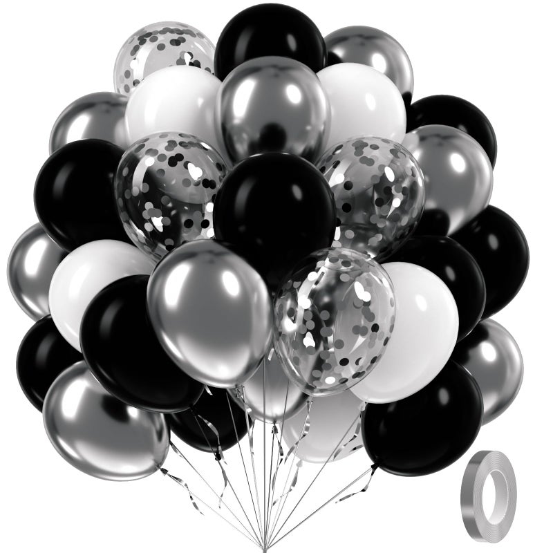 awenztech 60pcs Black and Silver Balloons 12inch Black and White Balloons with Metallic Silver Confetti Balloons for Baby Shower Wedding Birthday Graduation Party Decorations - Image 3