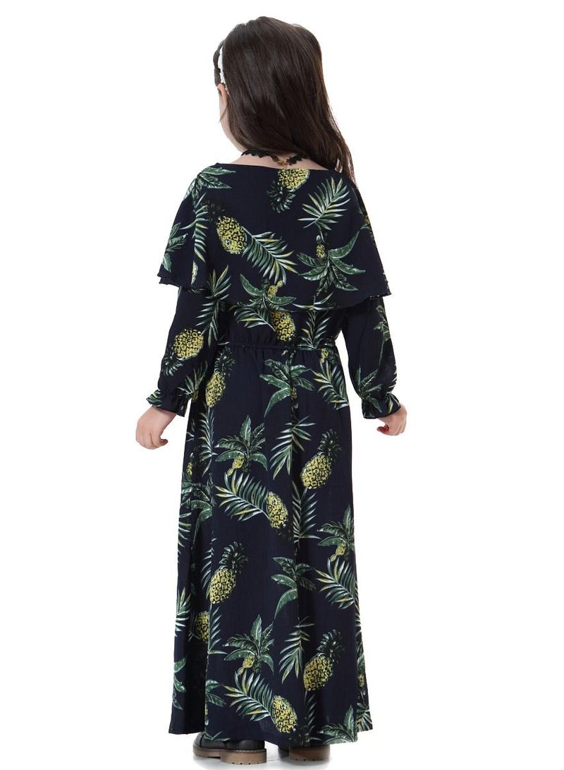 إسكدنيا Girl's Printed Maxi Dress With Long Sleeve Navy Blue Mix  - Image 3
