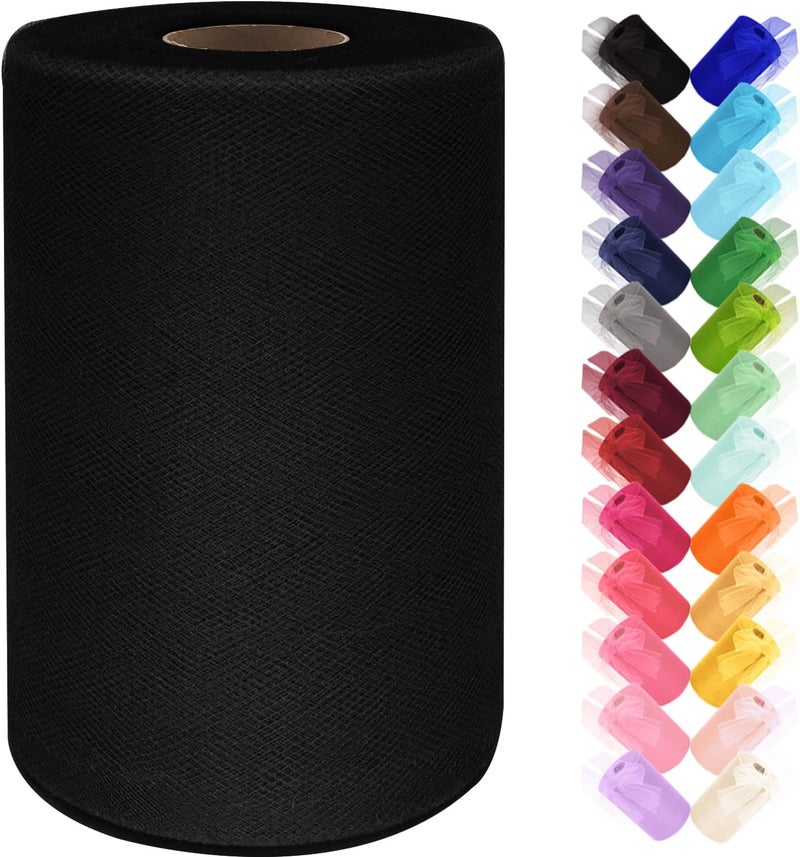 Ableme Deco Black Tulle Fabric Roll 6 Inch by 100 Yards (300 ft) Tulle Ribbon Sheer Mesh Netting for DIY Tutu Skirt Gift Wrapping Wedding Baby Shower Birthday Halloween Party Decorations Crafts, 34 Colors (Black) - Image 1