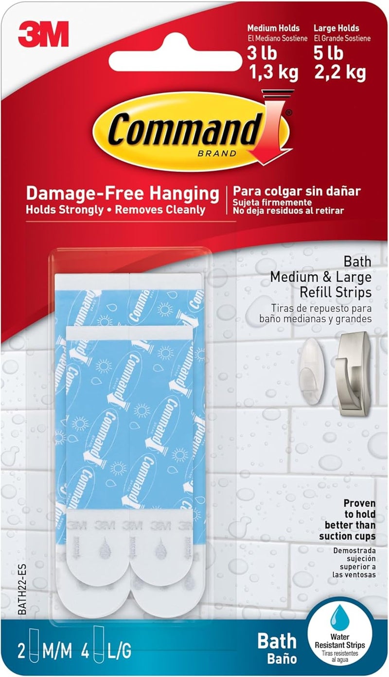 Command Bath Replacement Strips, 2-Medium and 4-Large Water-Resistant Adhesive Strips, Re-Hang Bath Hooks or Caddies - Image 1