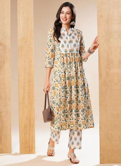 globus Globus Women Off White Floral Print Panelled Pure Cotton A-Line Kurta With Trousers