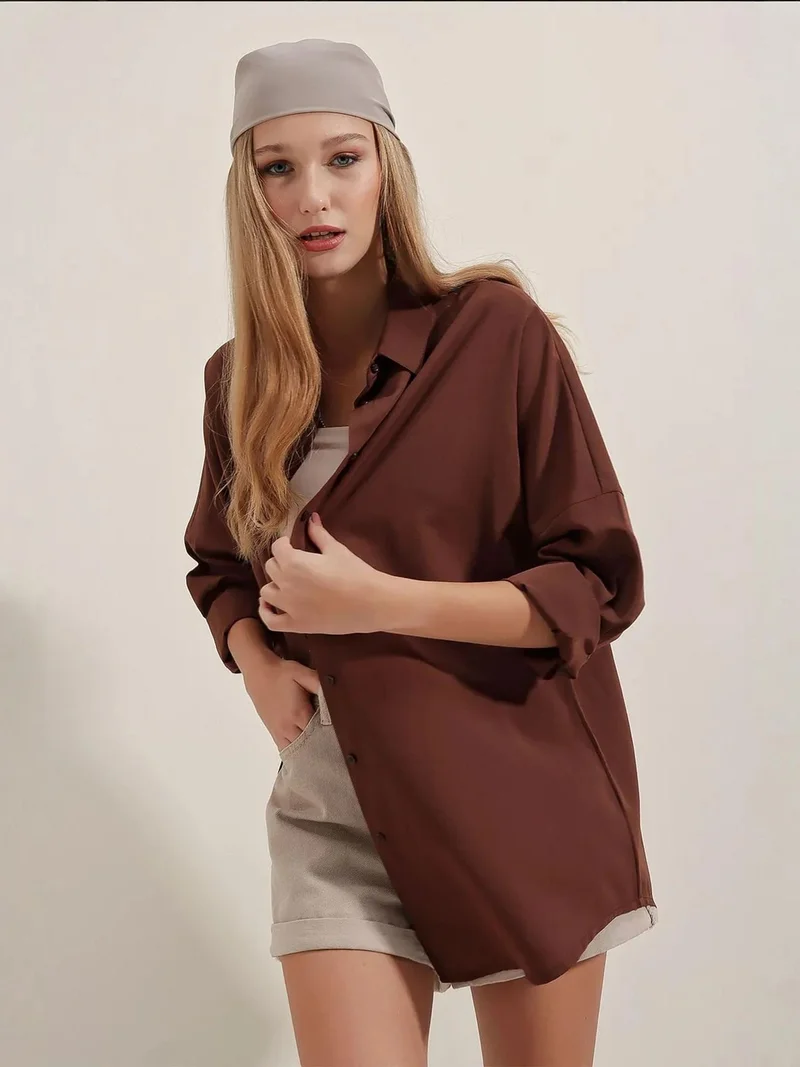 Big Dart  BDART Oversized Patterned Poplin Shirt With Button Closure for Women | Best Price UAE
