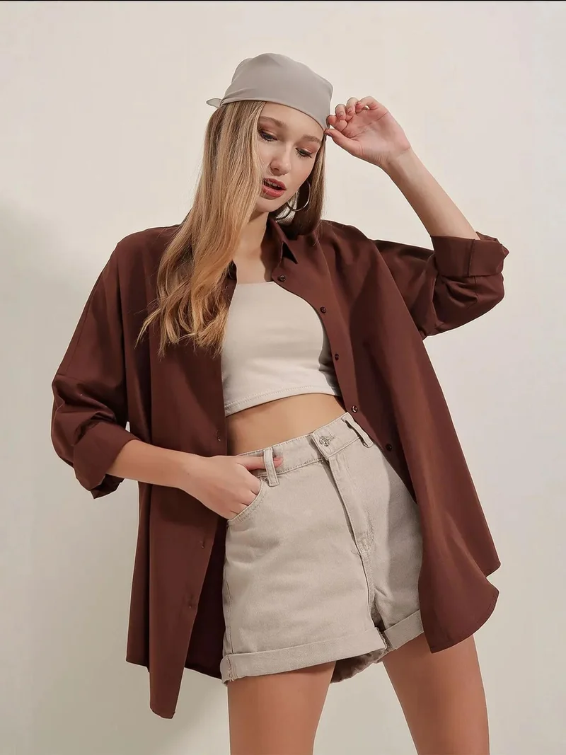 Big Dart  BDART Oversized Patterned Poplin Shirt With Button Closure for Women | Best Price UAE