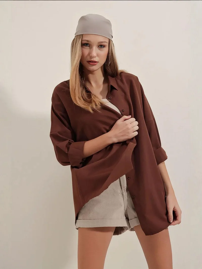 Big Dart  BDART Oversized Patterned Poplin Shirt With Button Closure for Women | Best Price UAE