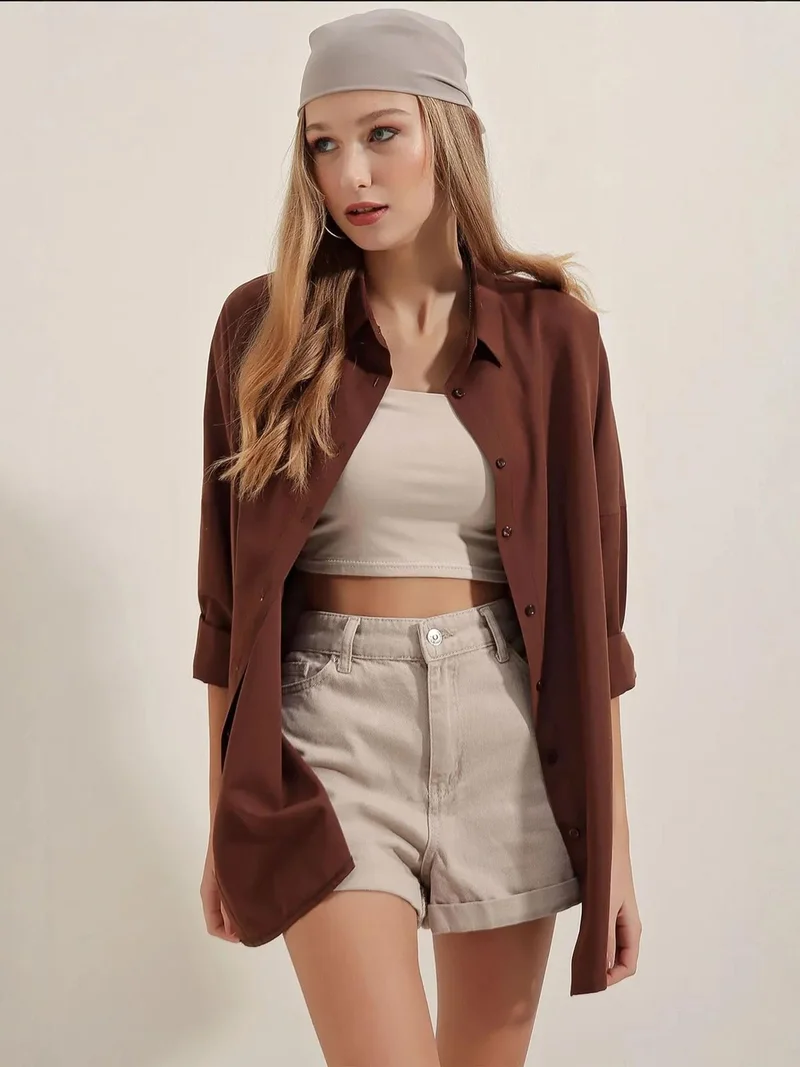 Big Dart  BDART Oversized Patterned Poplin Shirt With Button Closure for Women | Best Price UAE