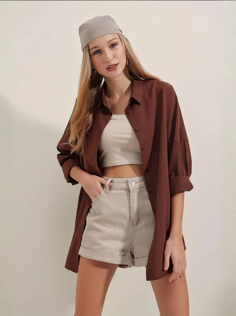 Big Dart  BDART Oversized Patterned Poplin Shirt With Button Closure for Women | Best Price UAE