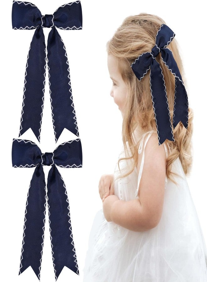 NCMAMA 2PCS Navy Bows for Girls Grosgrain Ribbon Alligator Hair Clips Hair Barrettes Hair Accessories for Girl Teens Kids Toddler with Long Tail - Image 1