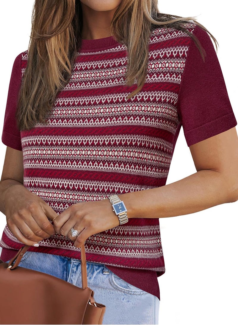 Arach&Cloz Womens Wool Blend Christmas Tops Retro Fair Isle Pattern Summer Winter Short Sleeve Vacation Outfits Spring Crew Neck Shirts 2026 Dark Red M - Image 1