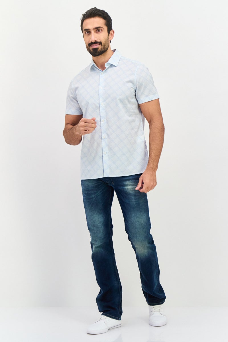 PERRY ELLIS Men Stretch Fit Abstract Print Short Sleeve Casual Shirt, Light Blue - Image 4