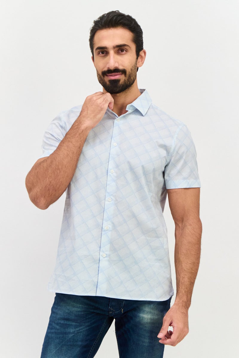 PERRY ELLIS Men Stretch Fit Abstract Print Short Sleeve Casual Shirt, Light Blue - Image 1