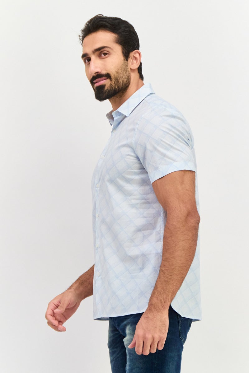 PERRY ELLIS Men Stretch Fit Abstract Print Short Sleeve Casual Shirt, Light Blue - Image 2