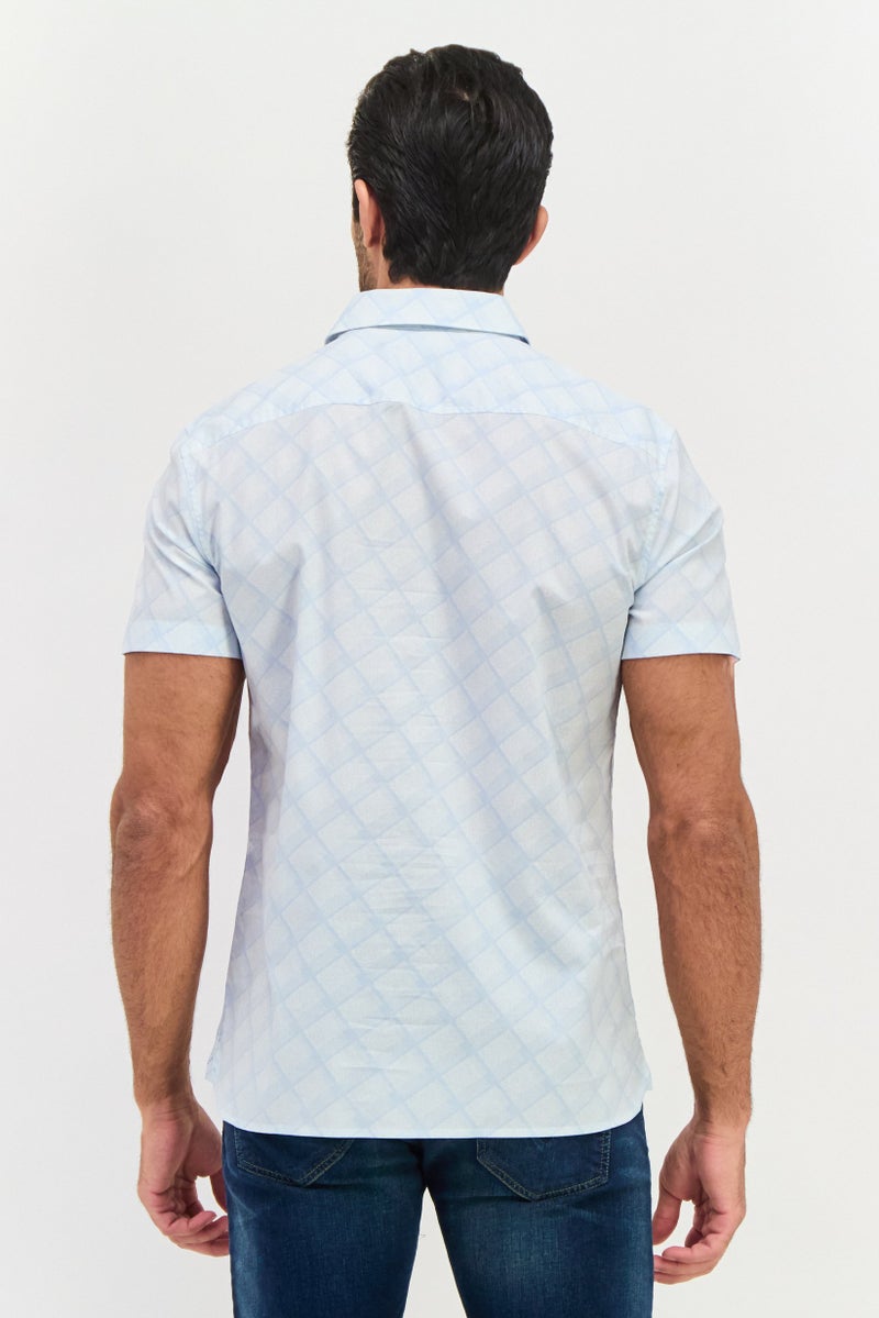 PERRY ELLIS Men Stretch Fit Abstract Print Short Sleeve Casual Shirt, Light Blue - Image 3