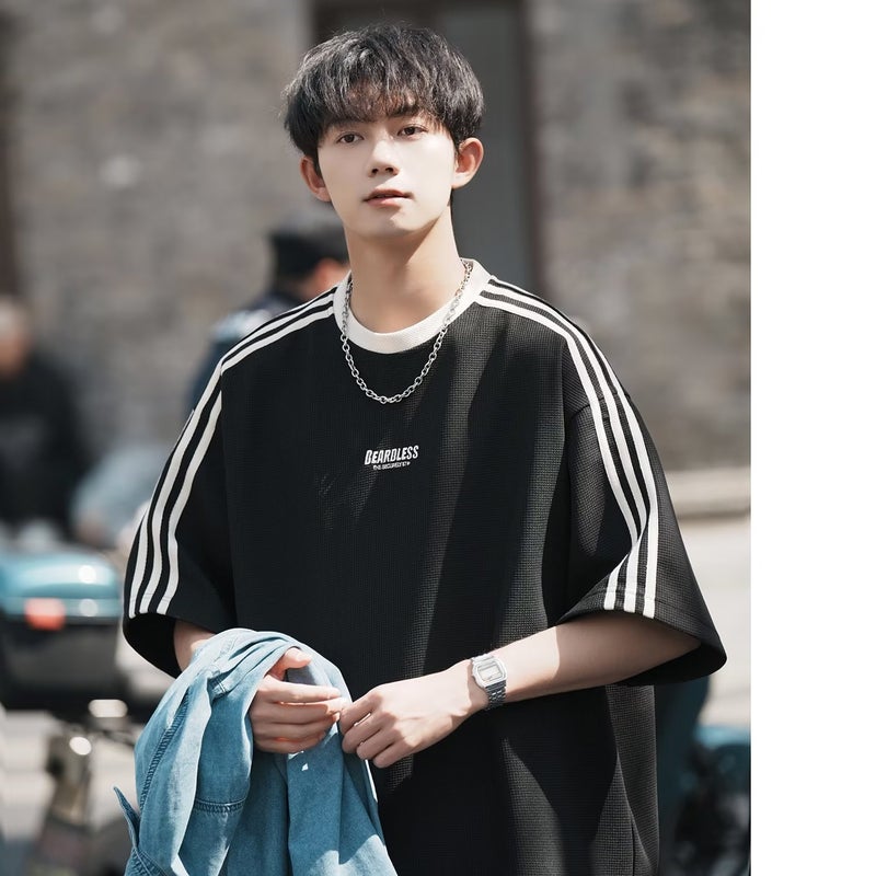 Waffleted T-Shirt Men'S Summer Loose Casual Striped Sports Top American Retro Trendy Brand High Street Short-Sleeved T-Shirt - Image 4