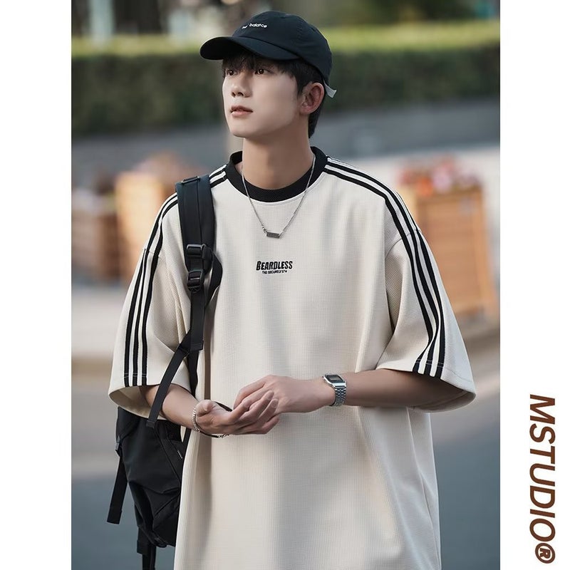 Waffleted T-Shirt Men'S Summer Loose Casual Striped Sports Top American Retro Trendy Brand High Street Short-Sleeved T-Shirt - Image 3
