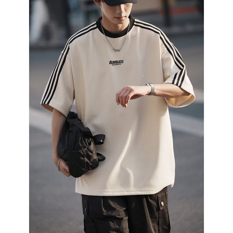 Waffleted T-Shirt Men'S Summer Loose Casual Striped Sports Top American Retro Trendy Brand High Street Short-Sleeved T-Shirt - Image 2
