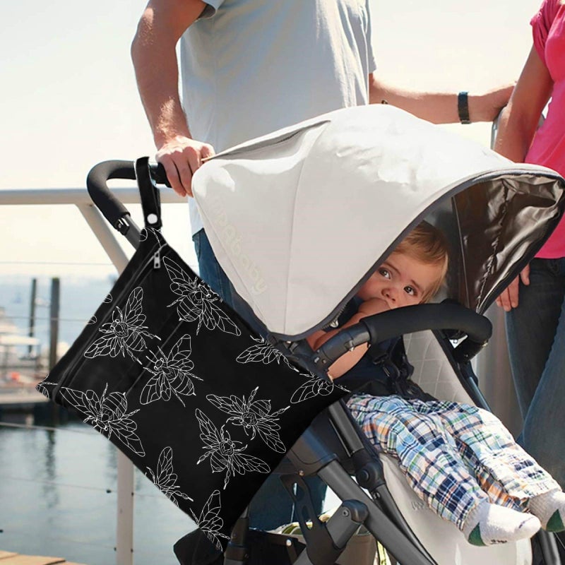 visesunny Black Bee Doodle 2Pcs Wet Bag with Zippered Pockets Washable Reusable Roomy for Travel,Beach,Pool,Daycare,Stroller,Diapers,Dirty Gym Clothes, Wet Swimsuits, Toiletries - Image 2