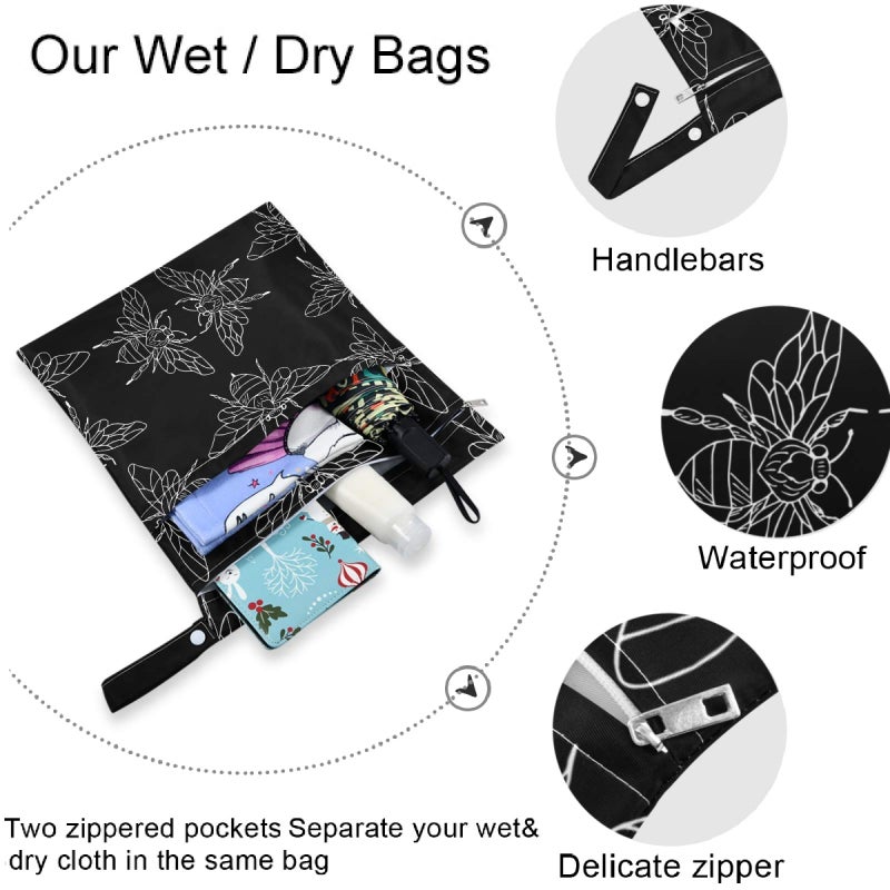 visesunny Black Bee Doodle 2Pcs Wet Bag with Zippered Pockets Washable Reusable Roomy for Travel,Beach,Pool,Daycare,Stroller,Diapers,Dirty Gym Clothes, Wet Swimsuits, Toiletries - Image 5