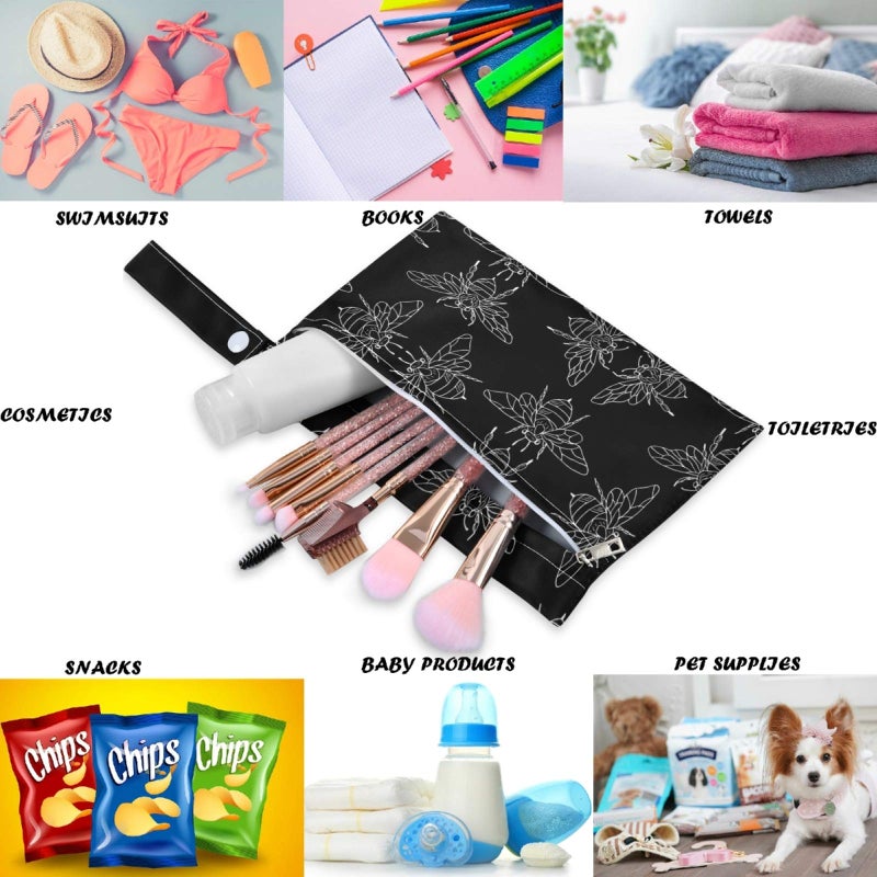 visesunny Black Bee Doodle 2Pcs Wet Bag with Zippered Pockets Washable Reusable Roomy for Travel,Beach,Pool,Daycare,Stroller,Diapers,Dirty Gym Clothes, Wet Swimsuits, Toiletries - Image 3
