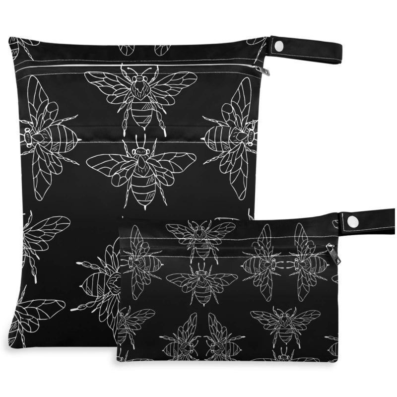 visesunny Black Bee Doodle 2Pcs Wet Bag with Zippered Pockets Washable Reusable Roomy for Travel,Beach,Pool,Daycare,Stroller,Diapers,Dirty Gym Clothes, Wet Swimsuits, Toiletries - Image 1
