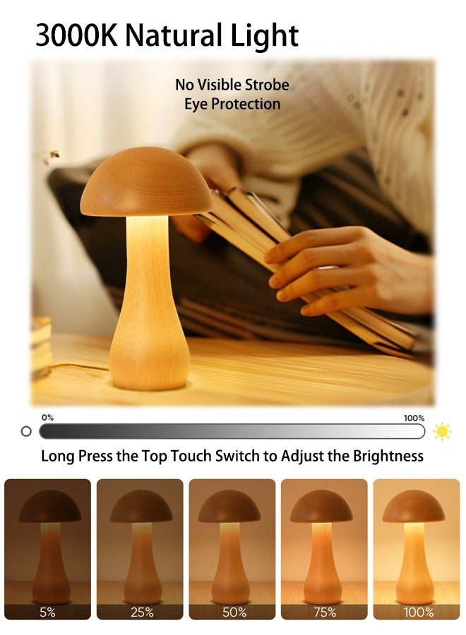 Twisted Head Mushroom Lamp,Portable Dimmable Bedside Lamp with USB Charging,Bedside Lamp LED Touch，Wireless Wooden Night Light - Image 4