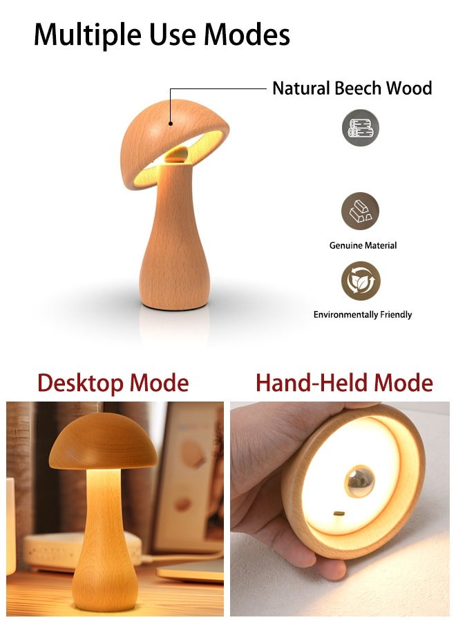 Twisted Head Mushroom Lamp,Portable Dimmable Bedside Lamp with USB Charging,Bedside Lamp LED Touch，Wireless Wooden Night Light - Image 5
