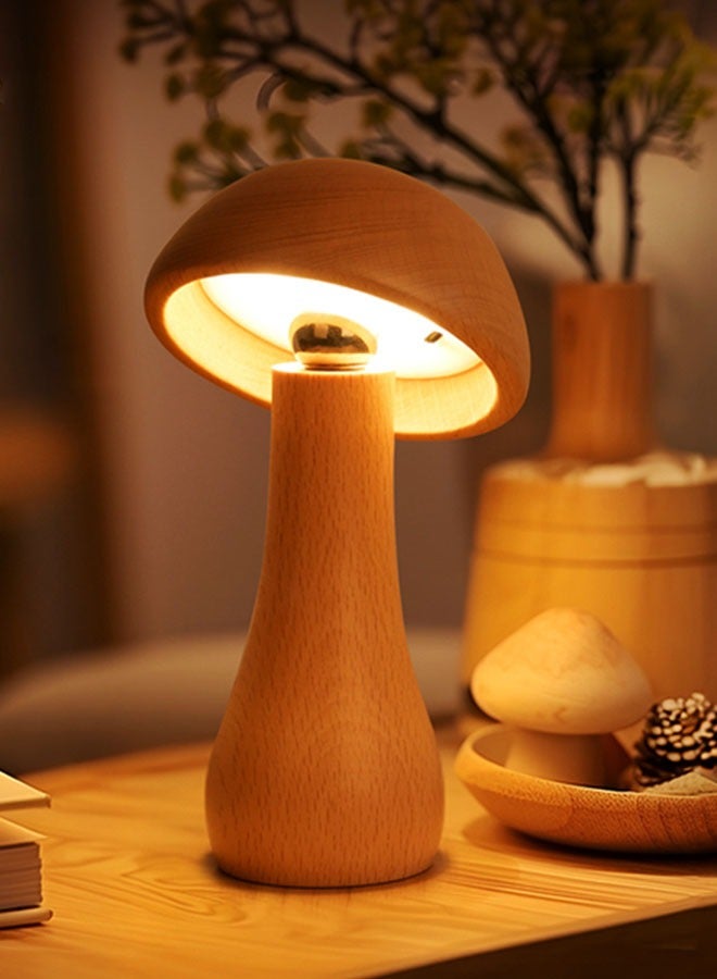 Twisted Head Mushroom Lamp,Portable Dimmable Bedside Lamp with USB Charging,Bedside Lamp LED Touch，Wireless Wooden Night Light - Image 1