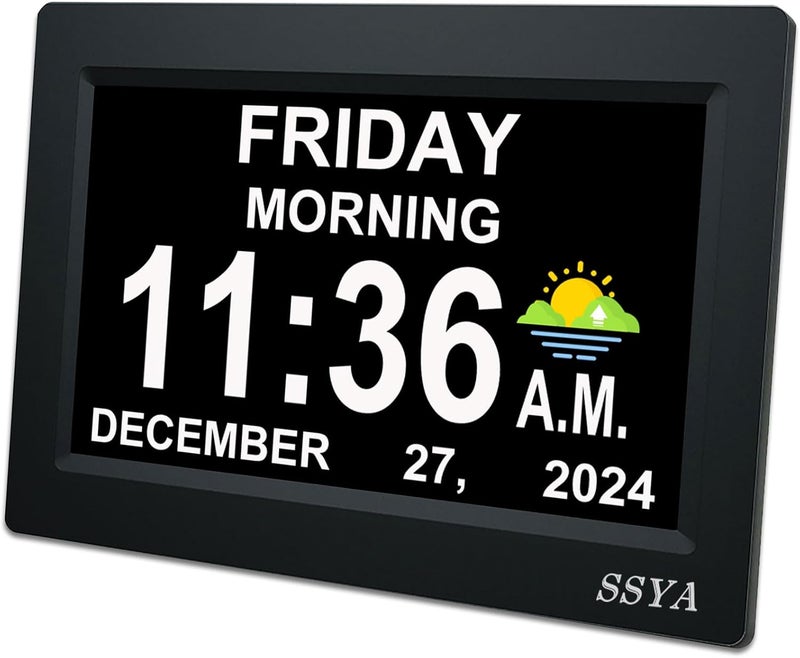 SSYA 7 Inch Calendar Clock - 12 Alarm Options, Level 5 Auto Dimmable Display,Extra Large Impaired Vision Digital Clock with Non-Abbreviated Day & Month (Black) - Image 1