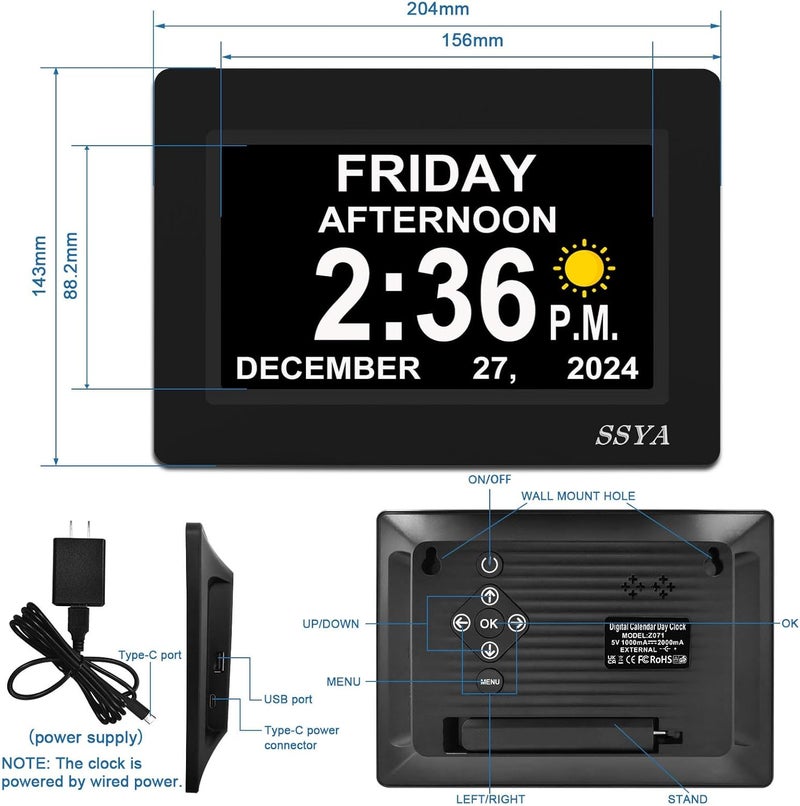 SSYA 7 Inch Calendar Clock - 12 Alarm Options, Level 5 Auto Dimmable Display,Extra Large Impaired Vision Digital Clock with Non-Abbreviated Day & Month (Black) - Image 2