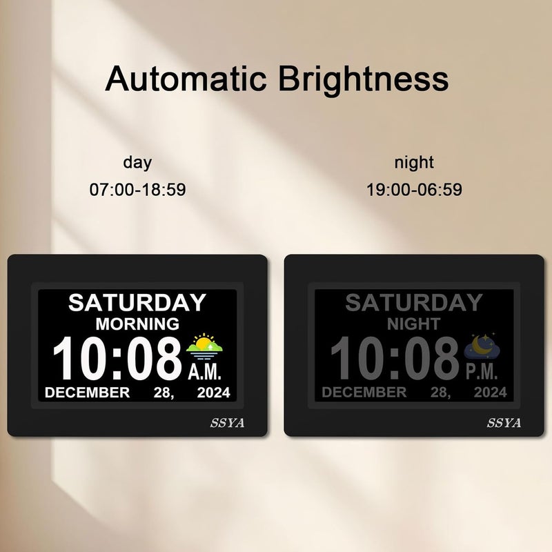 SSYA 7 Inch Calendar Clock - 12 Alarm Options, Level 5 Auto Dimmable Display,Extra Large Impaired Vision Digital Clock with Non-Abbreviated Day & Month (Black) - Image 3