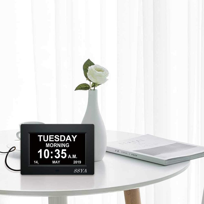 SSYA 7 Inch Calendar Clock - 12 Alarm Options, Level 5 Auto Dimmable Display,Extra Large Impaired Vision Digital Clock with Non-Abbreviated Day & Month (Black) - Image 5