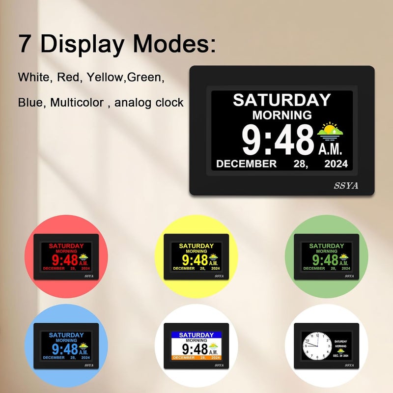 SSYA 7 Inch Calendar Clock - 12 Alarm Options, Level 5 Auto Dimmable Display,Extra Large Impaired Vision Digital Clock with Non-Abbreviated Day & Month (Black) - Image 4