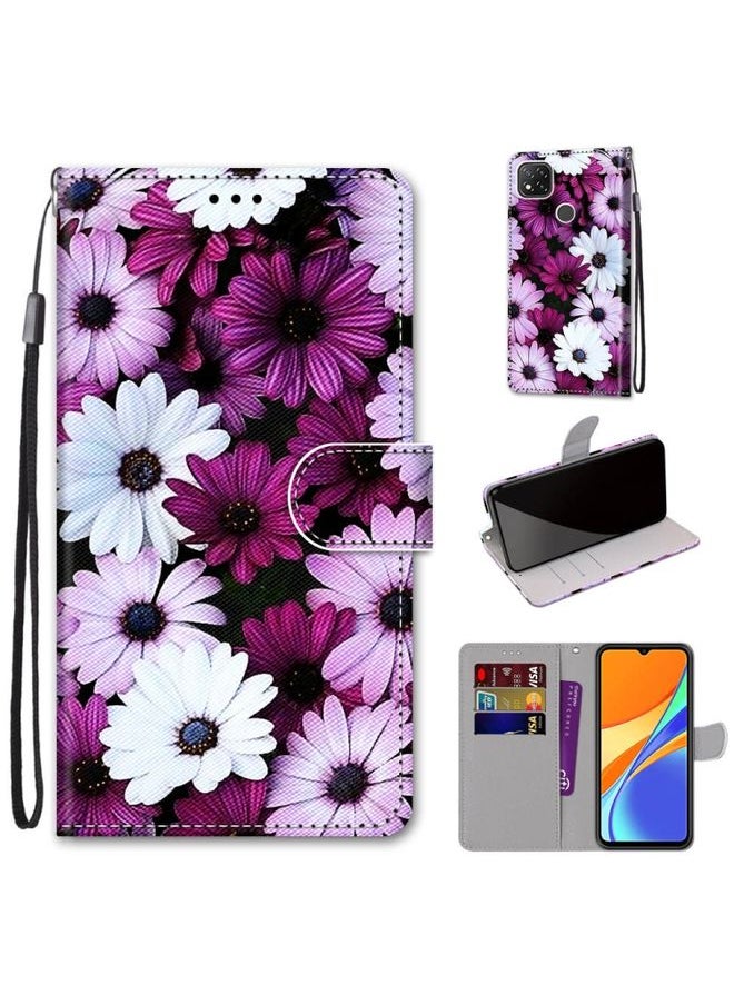 HuHa Case Cover For Xiaomi Redmi 9C Coloured Drawing Cross Texture Horizontal Flip PU Leather Case with Holder & Card Slots & Wallet & Lanyard Chrysanthemum Pink White Purple 