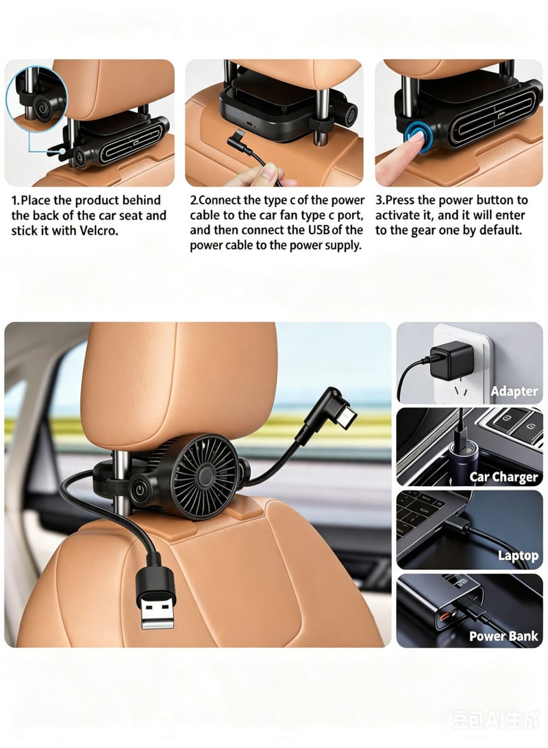 Jourria Car Backseat Fan,USB Rechargeable Car Cooling Fan with 3000mAh Battery, 3 Speed Portable Vehicle Fan, Silent Strong Airflow Electric Fan for Car, SUV, Truck - Image 5