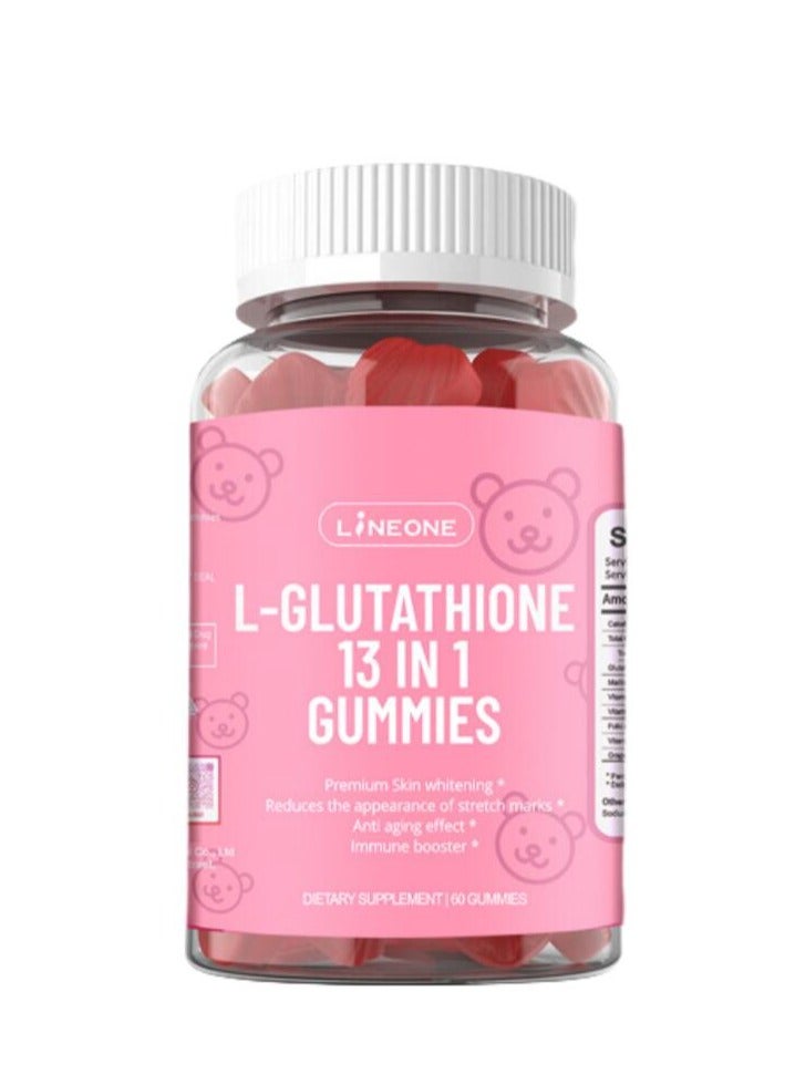 LINE ONE L-Glutathione 13 In 1 Gummies, L-Glutathione With Collagen Chewable Supplements For Skin Care,Anti-Aging, Whitening And Brightening, Dietary Supplements,60 Gummies | Best Price Qatar