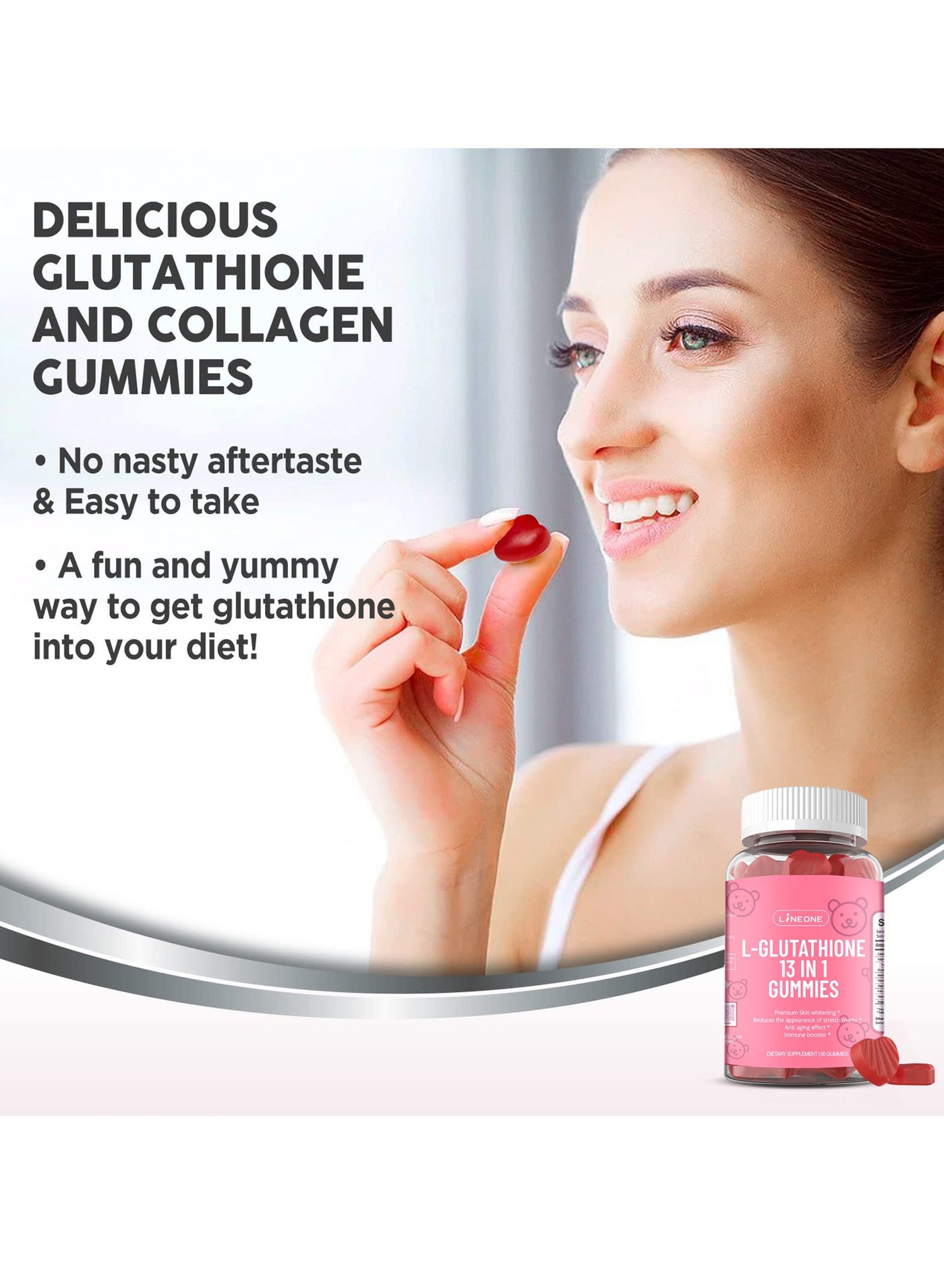 LINE ONE L-Glutathione 13 In 1 Gummies, L-Glutathione With Collagen Chewable Supplements For Skin Care,Anti-Aging, Whitening And Brightening, Dietary Supplements,60 Gummies | Best Price KSA
